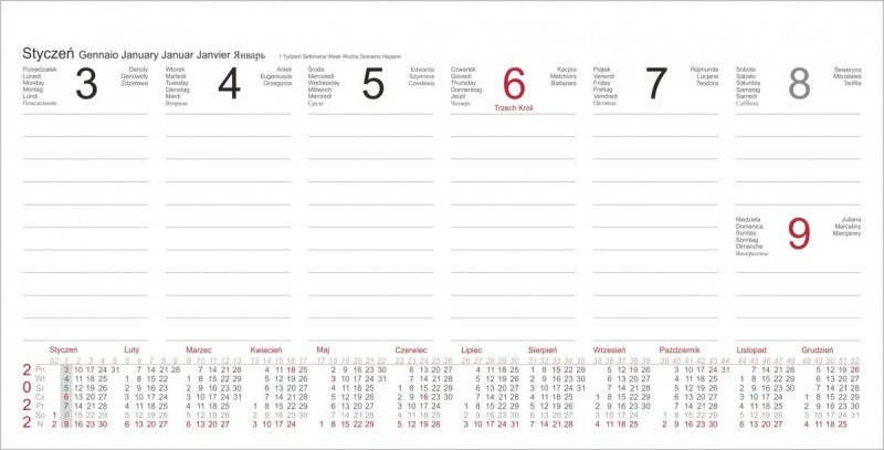 Kalendarz biurkowy z notesami i znacznikami MIDI TYGODNIOWY 2022 bordowy