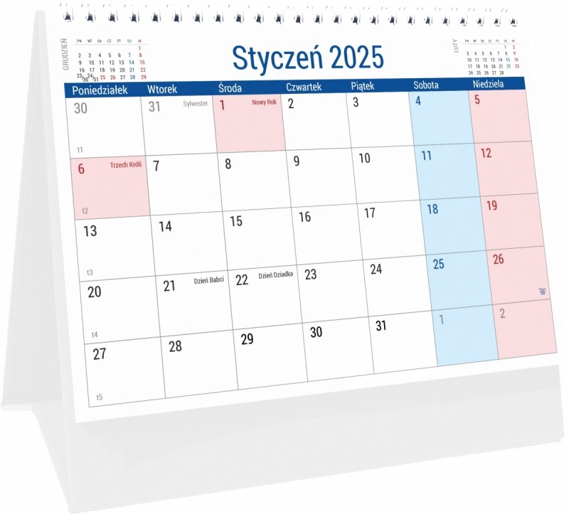 Kalendarz biurkowy PLANO na rok 2025 z dużą ilością miejsca na notatki