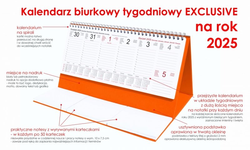 Kalendarz biurkowy stojący na podstawce - kalendarium tygodniowe na rok 2025