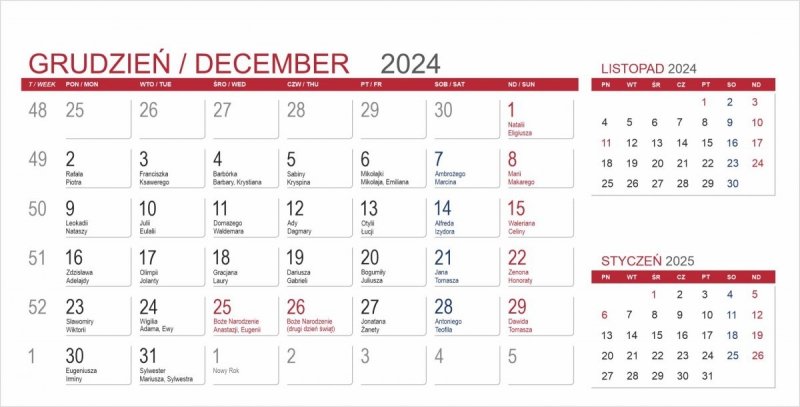 Kartka z kalendarium biurkowego MIDI 3-miesięcznego - grudzień 2024