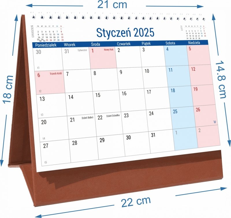 Wymiary kalendarza biurkowego PLANO na rok 2025