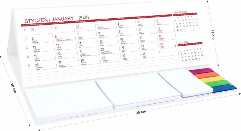 Kalendarz biurkowy z notesami i znacznikami samoprzylepnymi MAXI 2026 biały