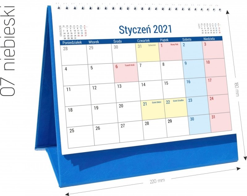 Kalendarz biurkowy stojący na podstawce PLANO 2021 niebieski 07