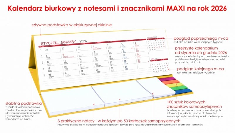 Kalendarz biurkowy z notesami i znacznikami samoprzylepnymi MAXI 2026 żółty