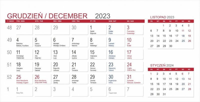 Kalendarium 3-miesięczne do kalendarza biurkowego na rok 2023 - grudzień 2023