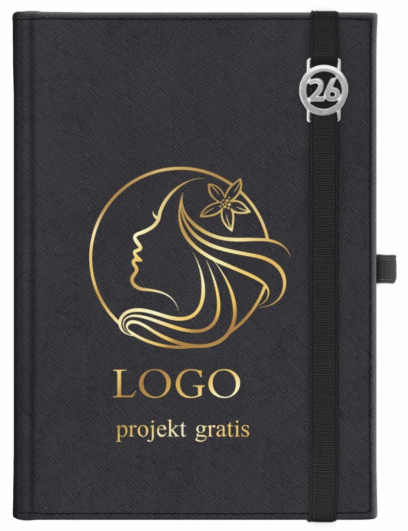 Kalendarz książkowy 2026 B5 dzienny papier chamois wycinane registry oprawa z zamykaniem na gumkę i mocowaniem na długopis ROSSA VIU czarna Z NADRUKIEM LOGO