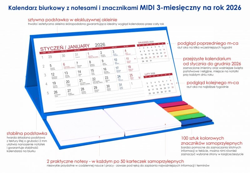 opis kalendarza MIDI 3-miesięczny na rok 2026 z notesami i znacznikami
