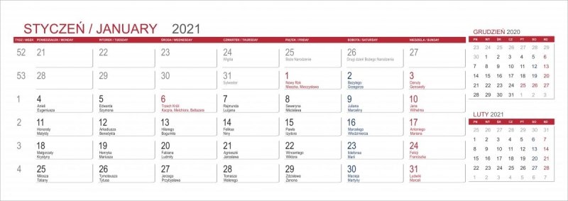Kalendarium 3 miesięczne MAXI 2021 z imionami 