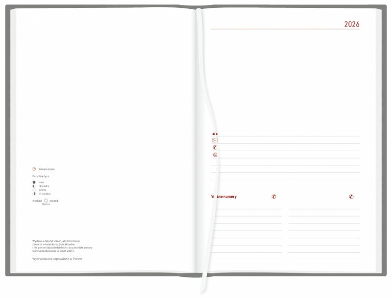 kalendarz A5 na rok 2026 w układzie dziennym, papier w kolorze białym