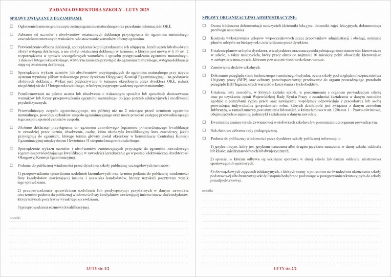 zadania dyrektora szkoły luty 2025 oraz miejsce na notatki
