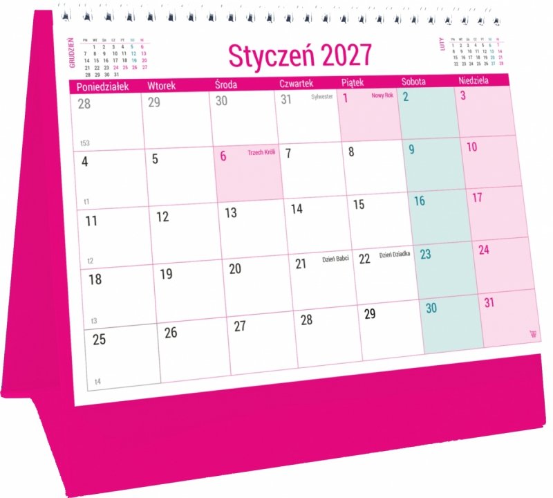 Kalendarz biurkowy PLANO na rok 2027 z dużą ilością miejsca na notatki