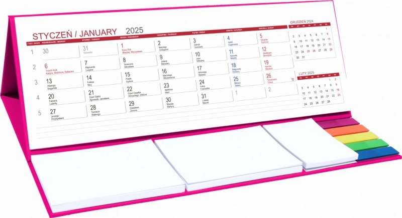 kalendarz biurkowy na rok 2025 z notesami i znacznikami