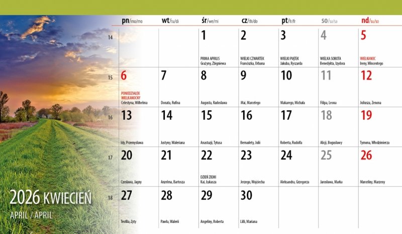 miesięczny kalendarz biurkowy na rok 2026