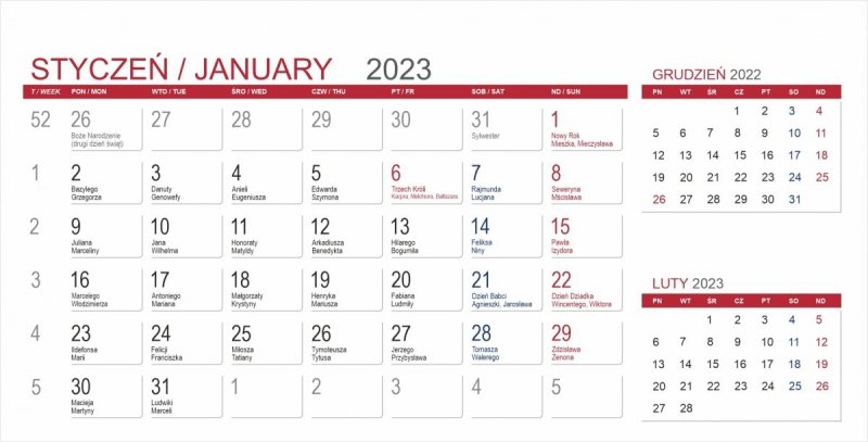 Kalendarium 3-miesięczne do kalendarza biurkowego na rok 2023 - styczeń 2023