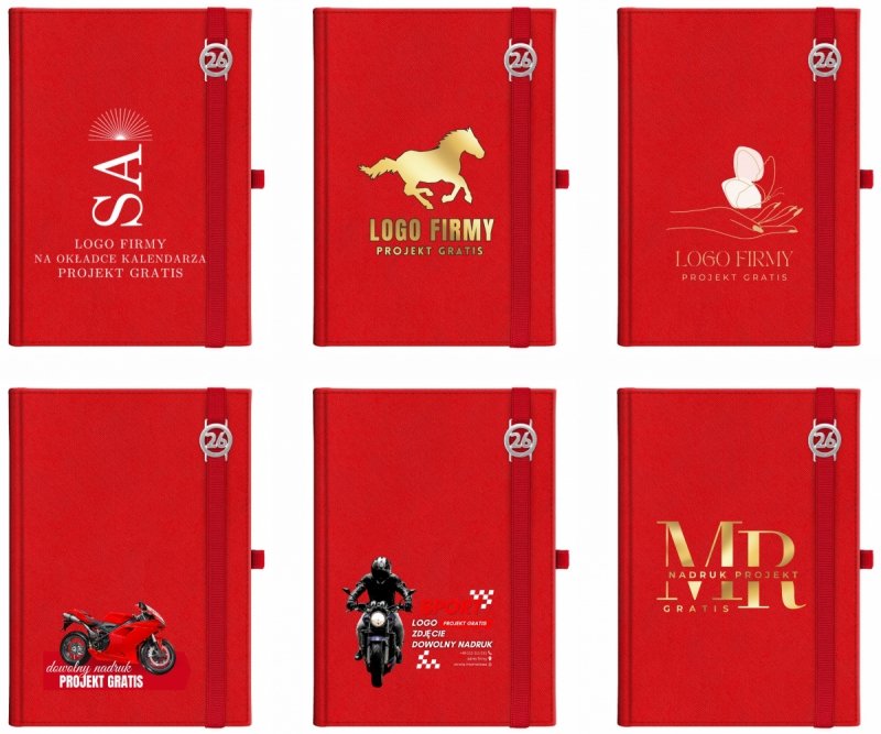 Kalendarz książkowy 2026 A4 dzienny papier chamois wycinane registry oprawa z zamykaniem na gumkę i mocowaniem na długopis ROSSA VIU czerwona Z NADRUKIEM LOGO
