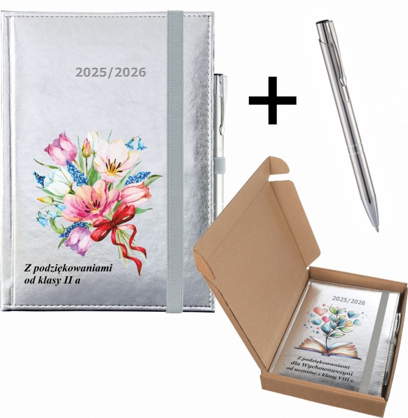 kalendarz nauczyciela z dedykacją, długopisem i ozdobnym pudełkiem na rok szkolny 2025/2026