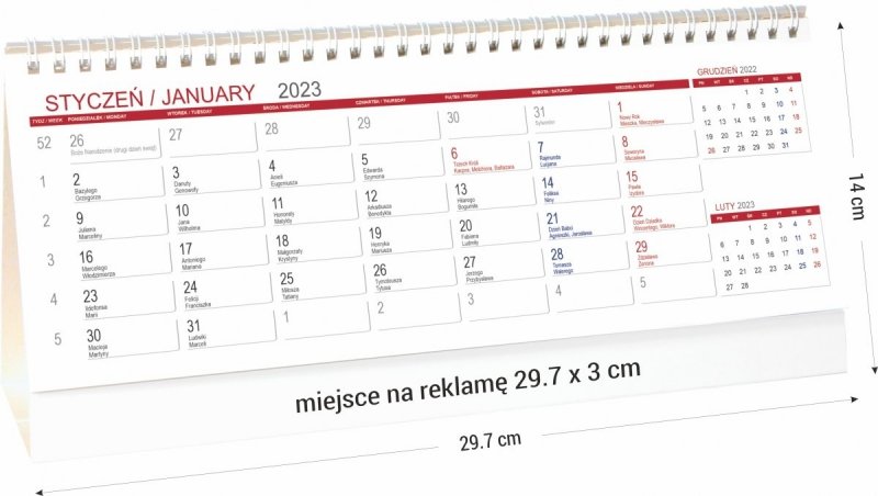 Kalendarz biurkowy stojący w układzie miesięcznym na rok 2023