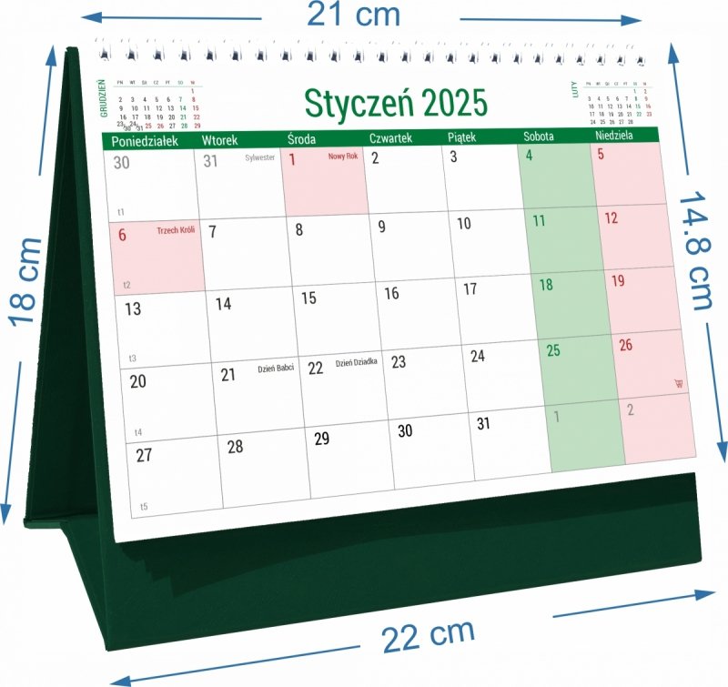 Wymiary kalendarza biurkowego PLANO na rok 2025