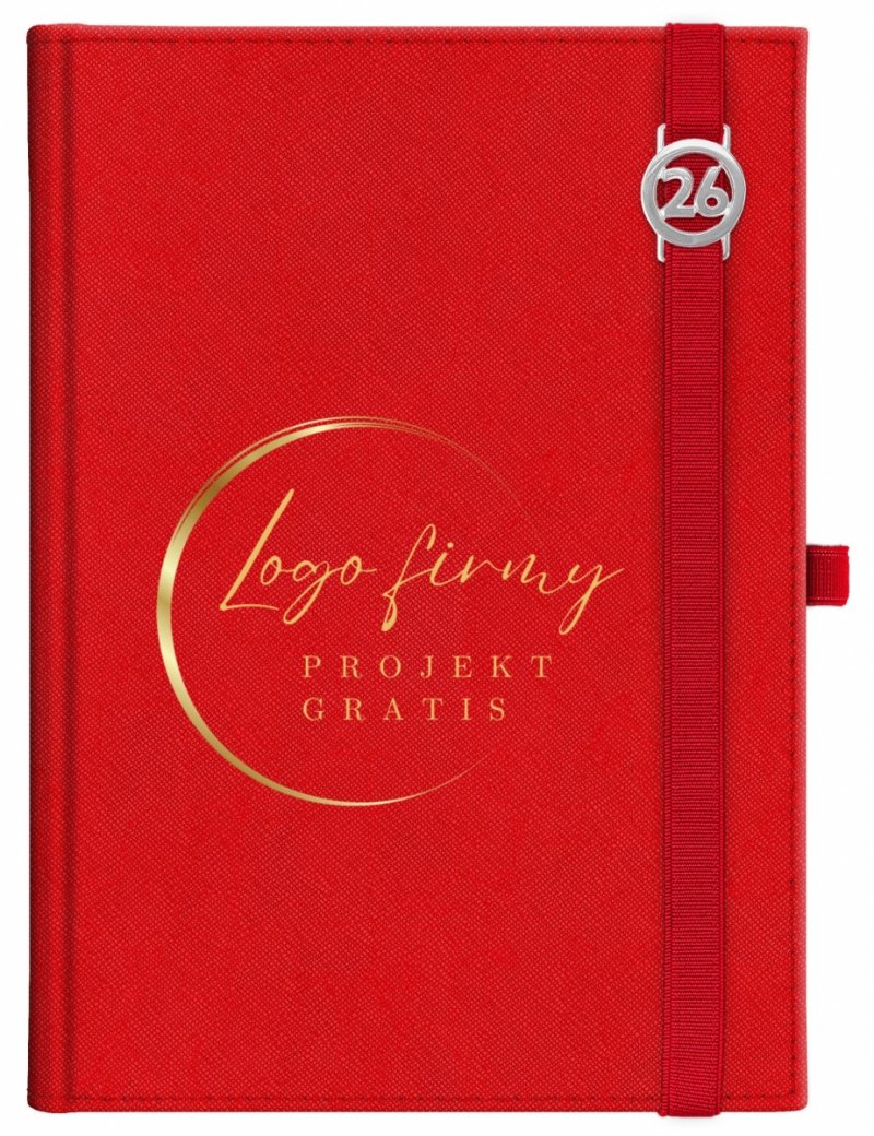 Kalendarz książkowy 2026 B5 dzienny papier chamois wycinane registry oprawa z zamykaniem na gumkę i mocowaniem na długopis ROSSA VIU czerwona Z NADRUKIEM LOGO