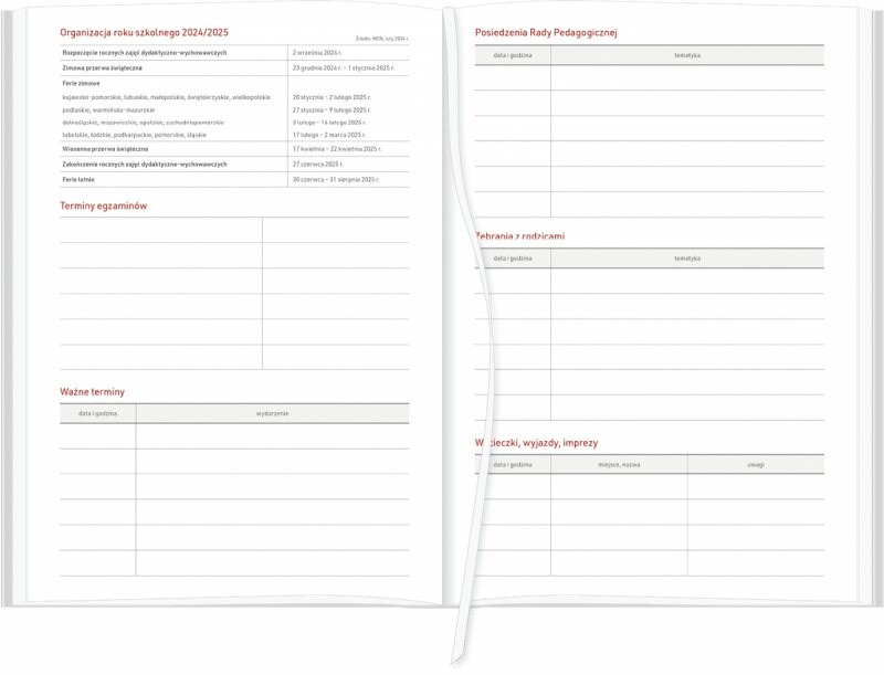 kalendarz książkowy z tabelami dla nauczyciela 