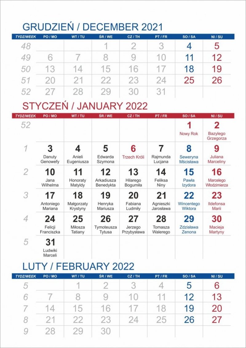 Kalendarz biurkowy stojący PIONOWY 3-MIESIĘCZNY 2022