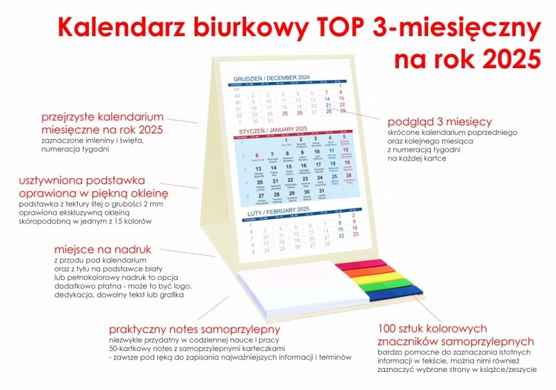 opis kalendarz 3-miesięcznego z notesem i znacznikami
