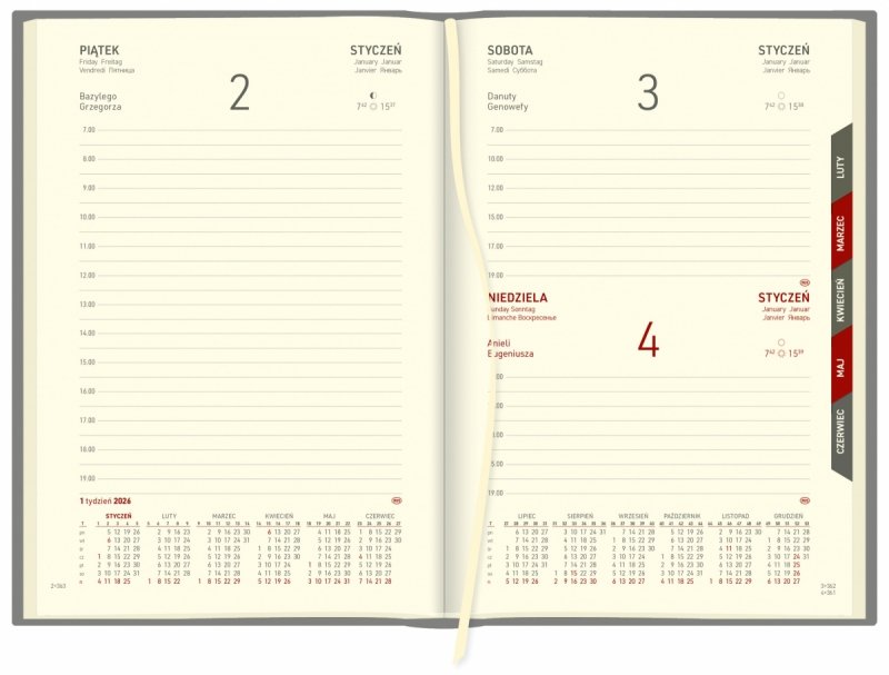 układ dzienny kalendarza A5 z wycinanymi registrami