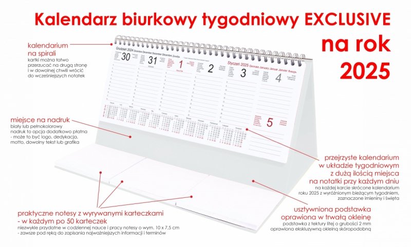 Kalendarz biurkowy stojący na podstawce - kalendarium tygodniowe na rok 2025