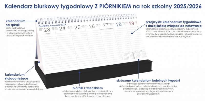 Kalendarz biurkowy TYGODNIOWY Z PIÓRNIKIEM na rok szkolny 2025/2026 czarny