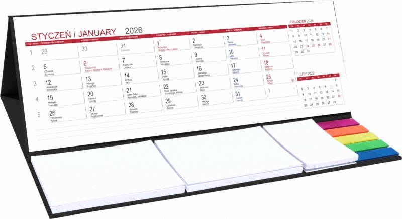 Kalendarz biurkowy z notesami i znacznikami samoprzylepnymi MAXI 2026 czarny