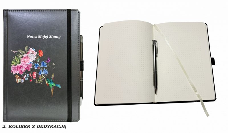 notes zamykany na gumkę z długopisem z grafiką na okładce