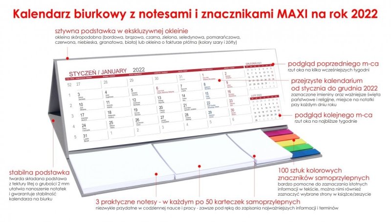 Kalendarz biurkowy z notesami i znacznikami MAXI 2022 szary