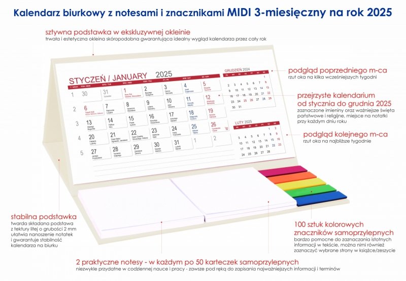 kalendarz biurkowy MIDI 3-miesięczny 2025 na twardej podstawce 