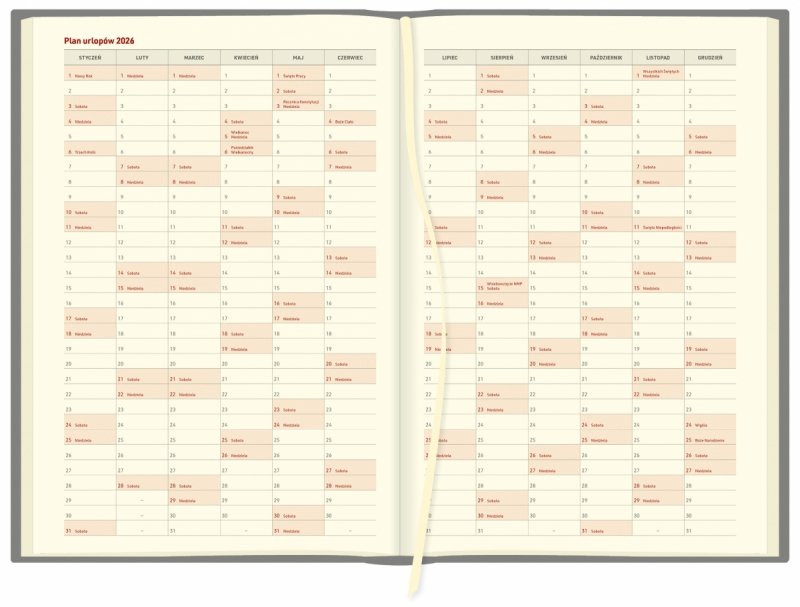 kalendarz książkowy A4 z planem urlopów na rok 2026 