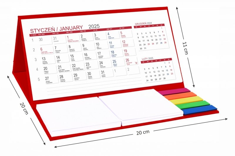 wymiary kalendarza 3-miesięcznego z notesami i znacznikami samoprzylepnymi 