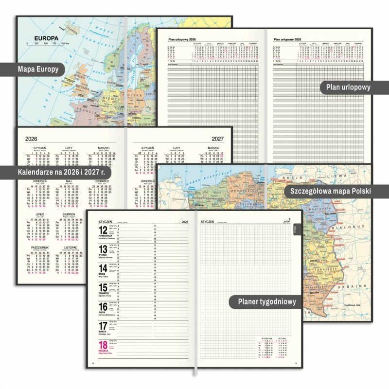 kalendarz książkowy A4 z planem urlopów na rok 2026, mapa Polski, mapa Europy