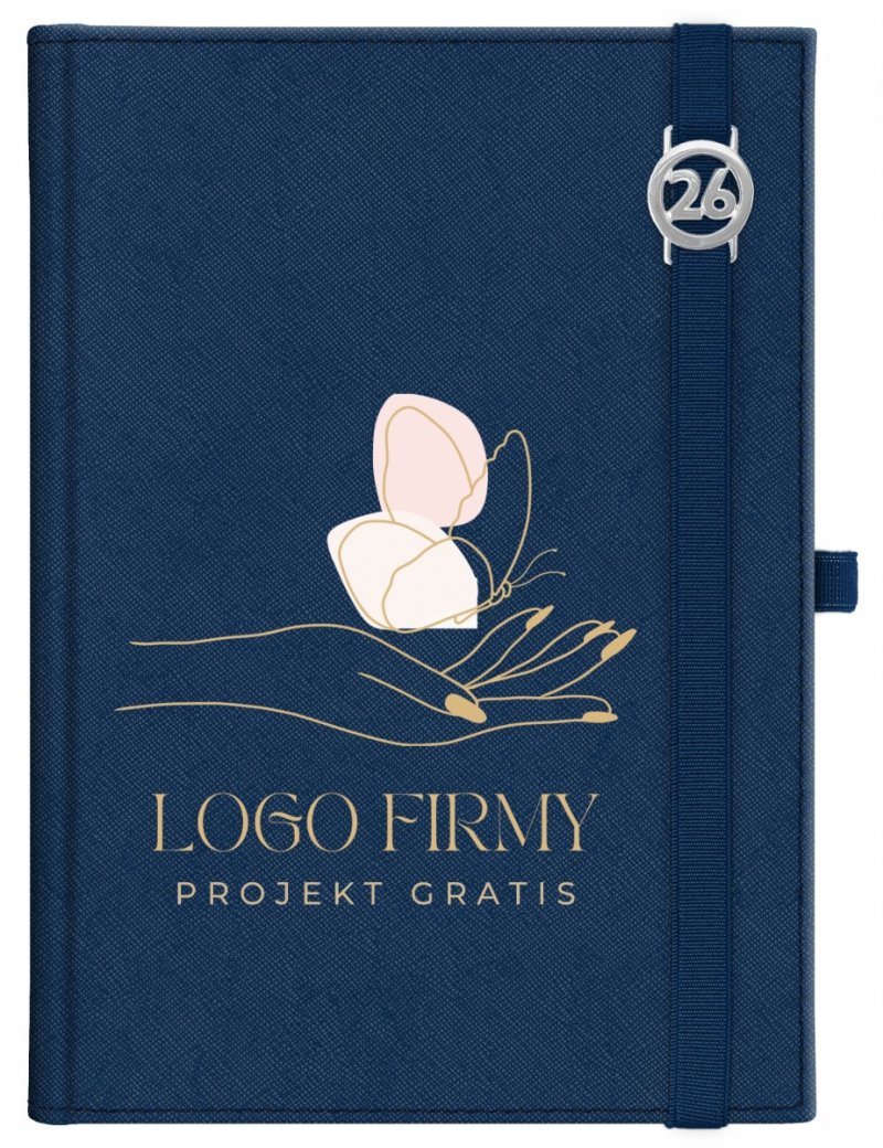 Kalendarz książkowy 2026 B5 dzienny papier chamois wycinane registry oprawa z zamykaniem na gumkę i mocowaniem na długopis ROSSA VIU granatowa Z NADRUKIEM LOGO