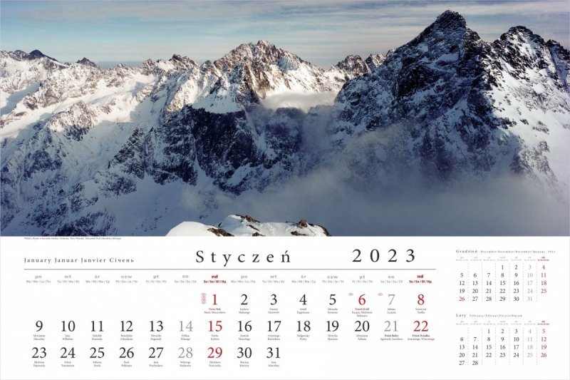 Kalendarz ścienny wieloplanszowy Tatry w panoramie 2023 - styczeń 2023