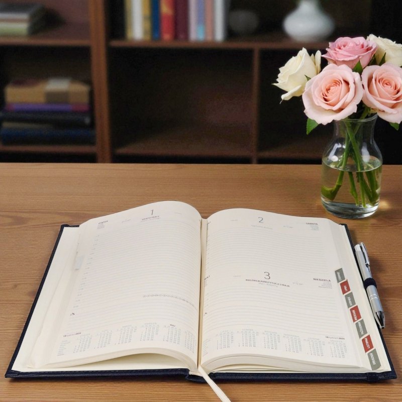 Kalendarz książkowy 2026 B5 dzienny papier chamois wycinane registry oprawa z zamykaniem na gumkę i mocowaniem na długopis ROSSA VIU czarna Z NADRUKIEM LOGO