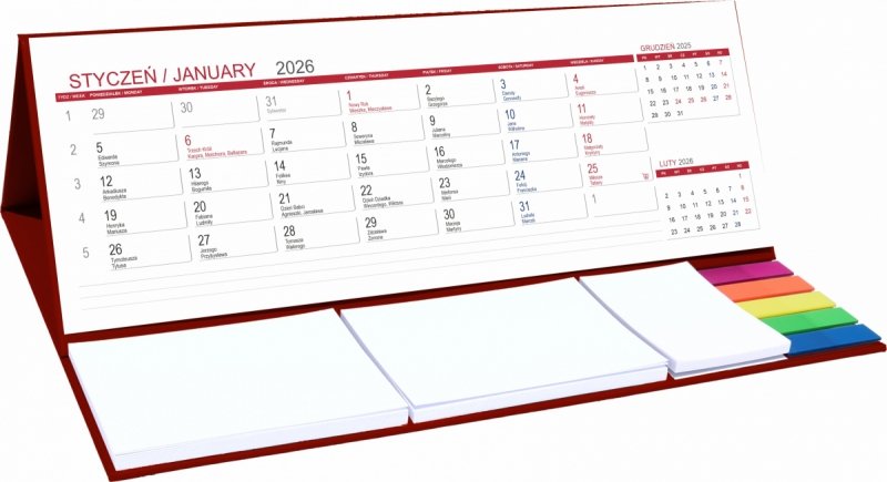 Kalendarz biurkowy z notesami i znacznikami samoprzylepnymi MAXI 2026 bordowy