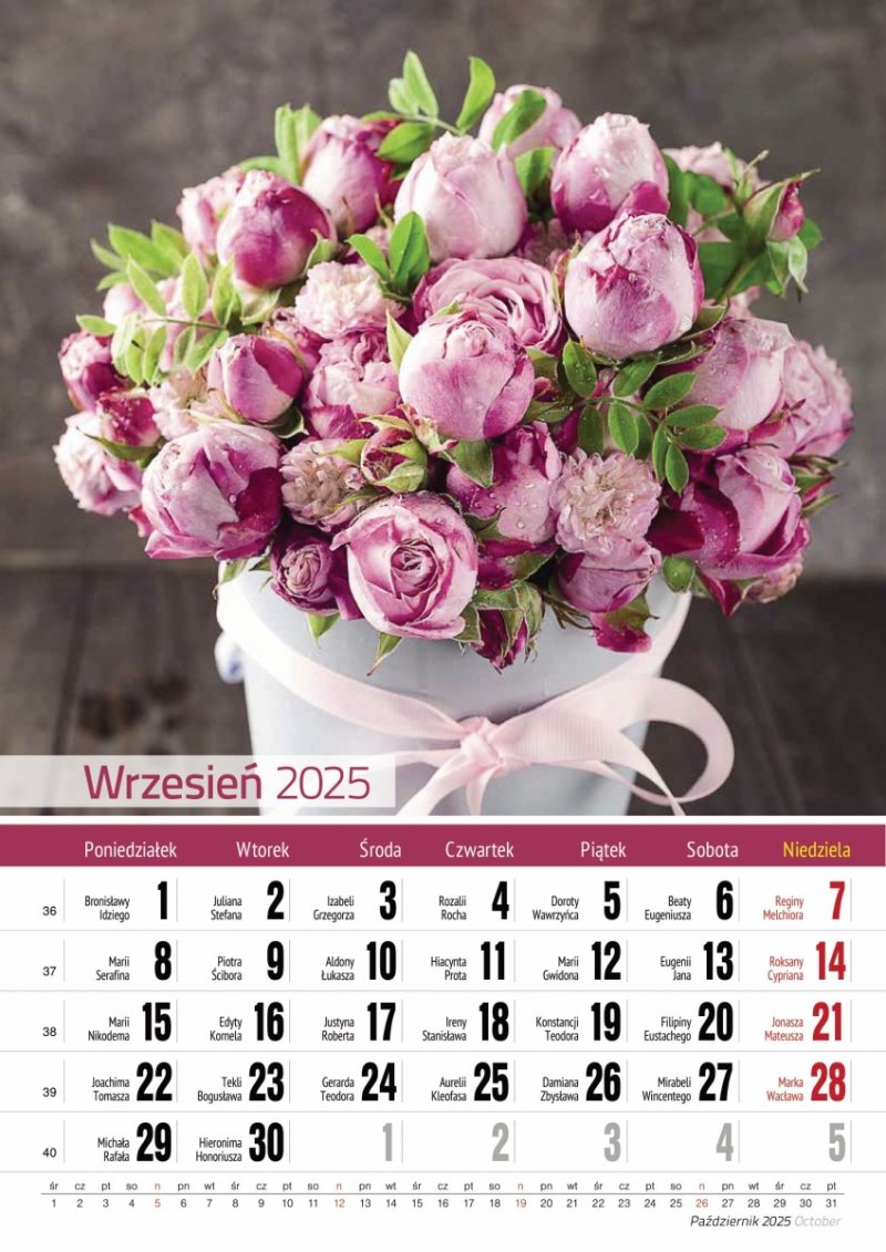 Kalendarz ścienny wieloplanszowy A4 BUKIETY 2025 - wrzesień 2025