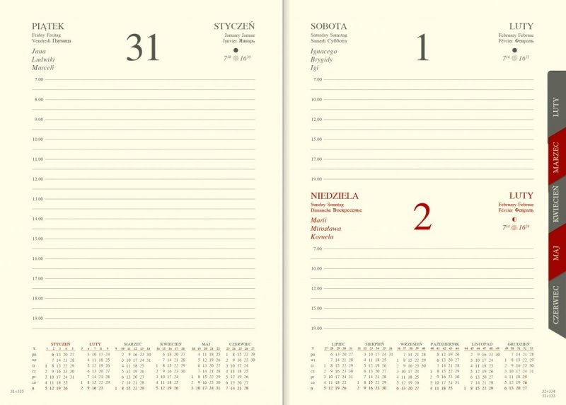 Kalendarz książkowy 2022 B6 dzienny papier chamois wycinane registry oprawa z zamykaniem na gumkę ROSSA VIU czarna