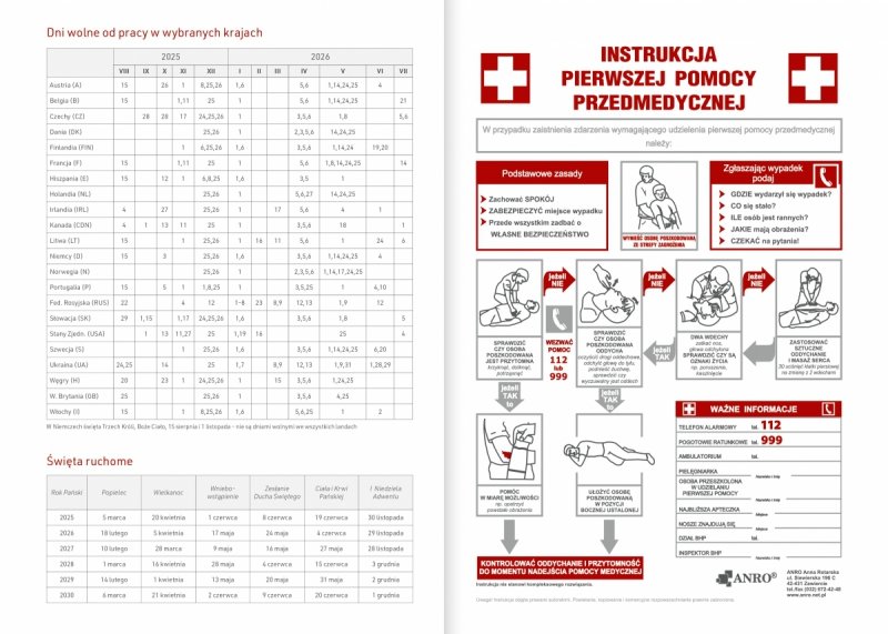 kalendarz akademicki na rok 2025/26 - dni wolne od pracy w wybranych krajach, tabela świąt ruchomych, instrukcja pierwszej pomocy