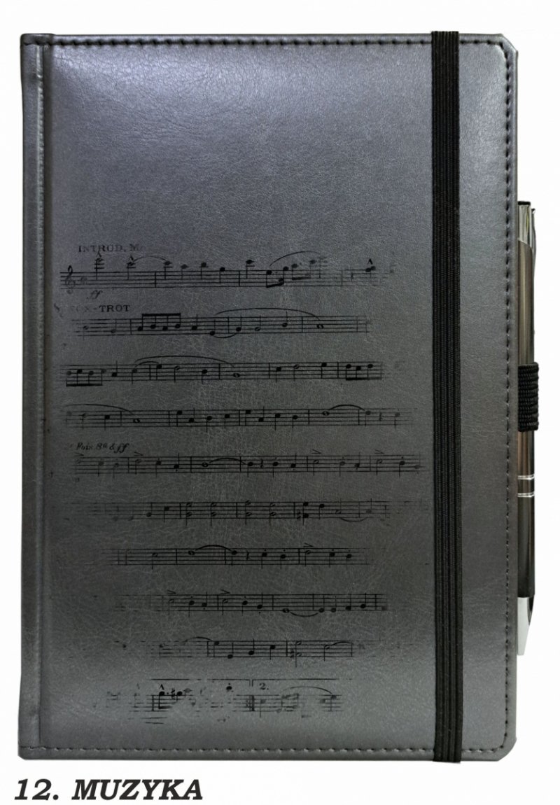 notes zamykany na gumkę z długopisem z grafiką na okładce