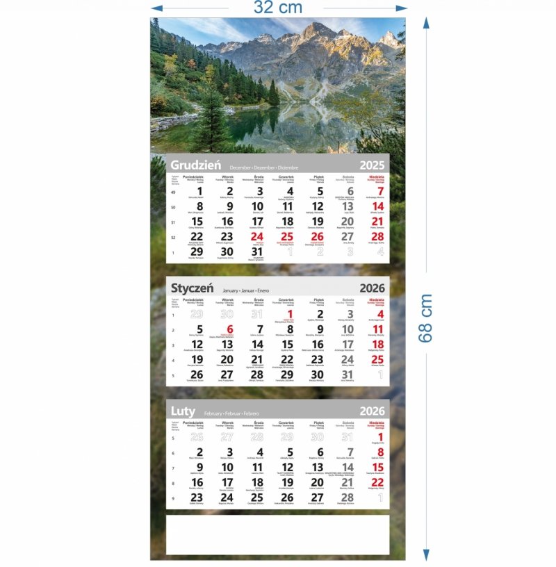 wymiary kalendarza trójdzielnego na rok 2026