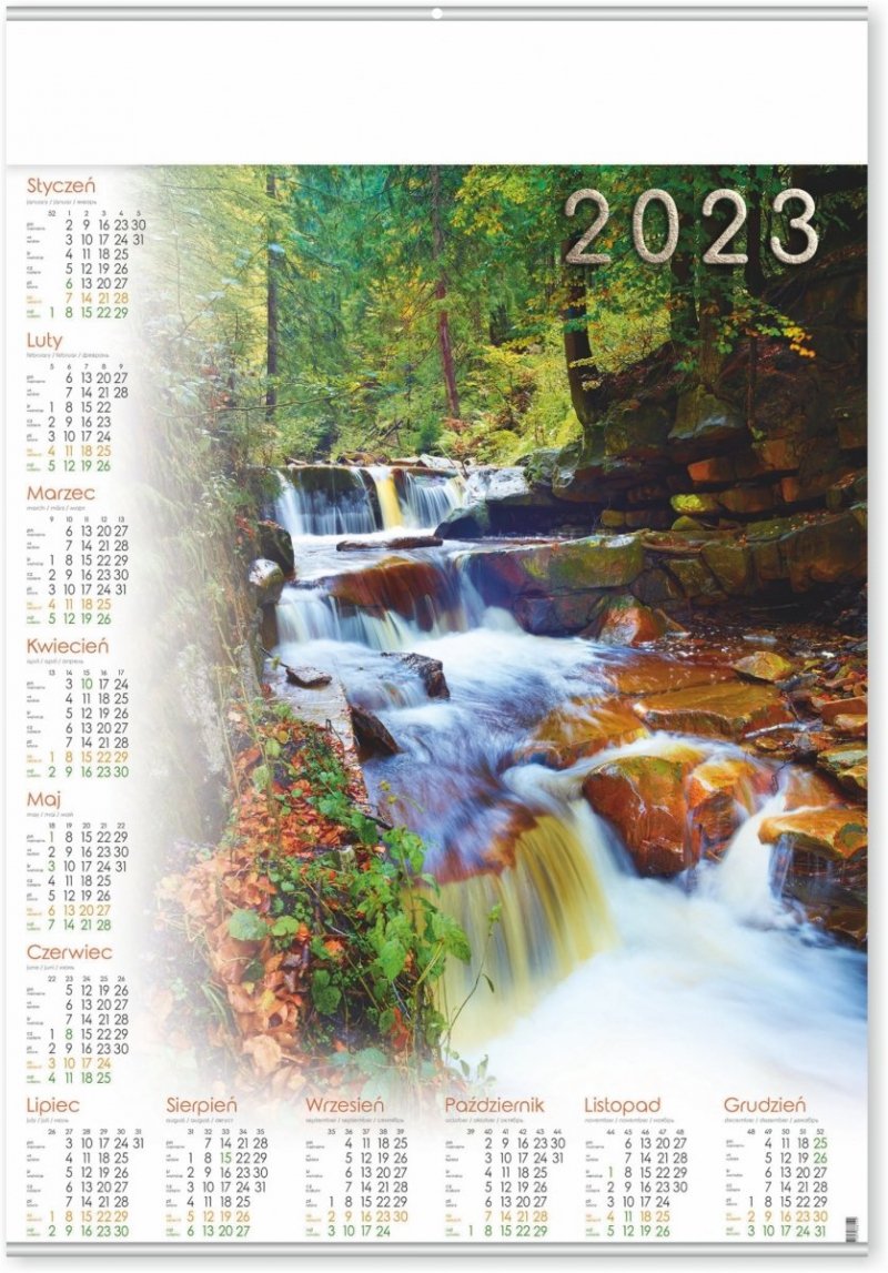 Kalendarz plakatowy na rok 2023 format B1 LEŚNY POTOK z listwami srebrnymi