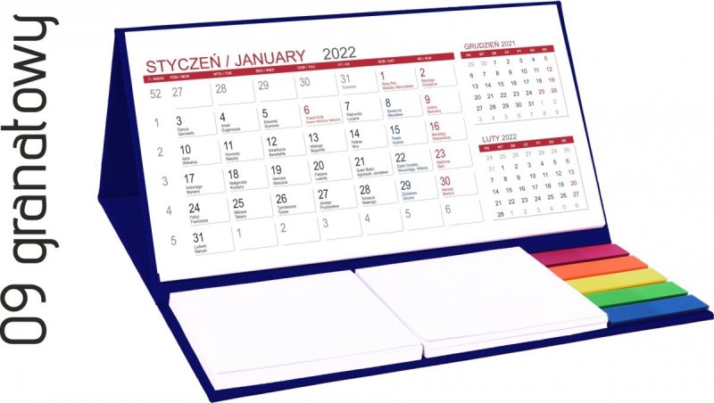 Kalendarz biurkowy z notesami i znacznikami MIDI 3-miesięczny 2022 granatowy