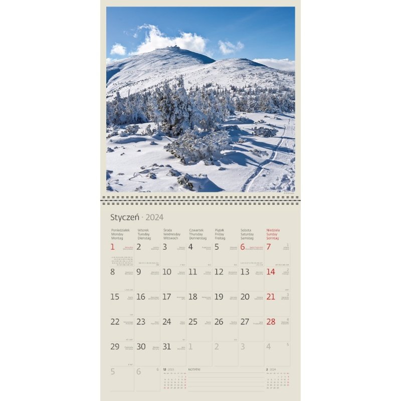Kalendarz ścienny wieloplanszowy Polskie góry 2024 Z NAKLEJKAMI - przykładowa kartka z kalendarza
