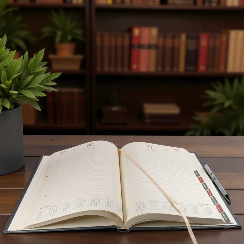 Kalendarz książkowy 2026 A4 dzienny papier chamois wycinane registry oprawa z zamykaniem na gumkę i mocowaniem na długopis ROSSA VIU czerwona Z NADRUKIEM LOGO