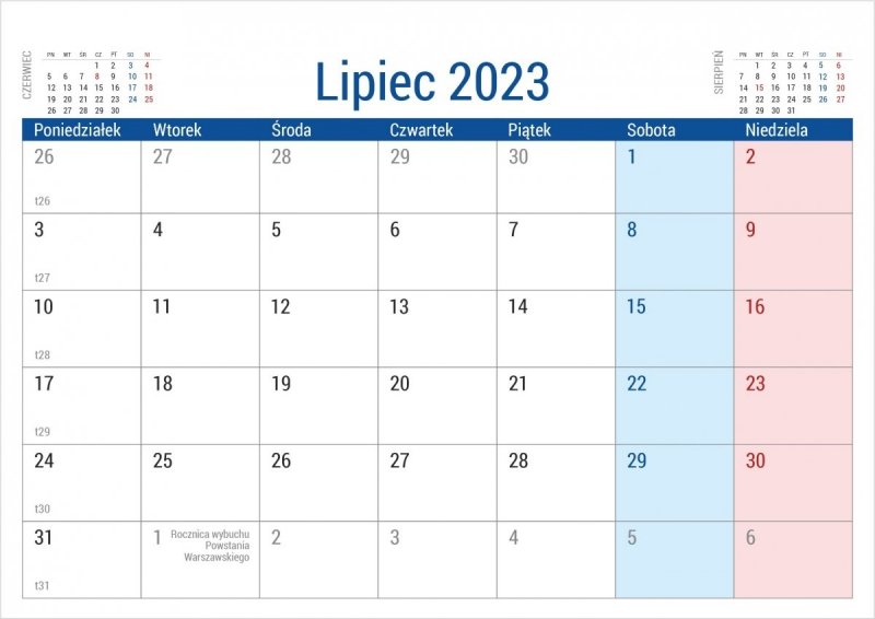Kalendarium do kalendarza biurkowego PLANO na rok 2023 - lipiec 2023